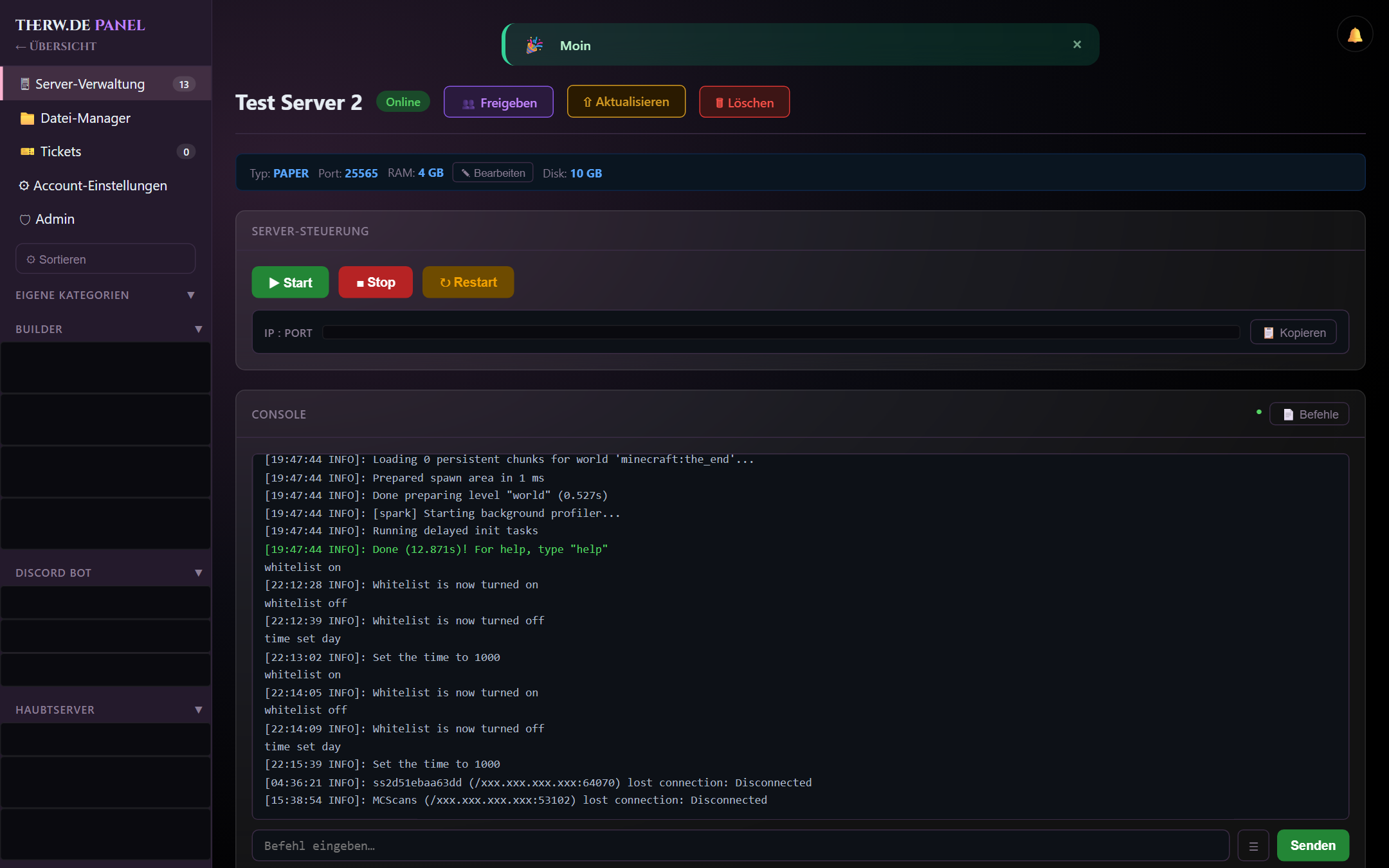 Server-Übersicht im therw.de Dashboard